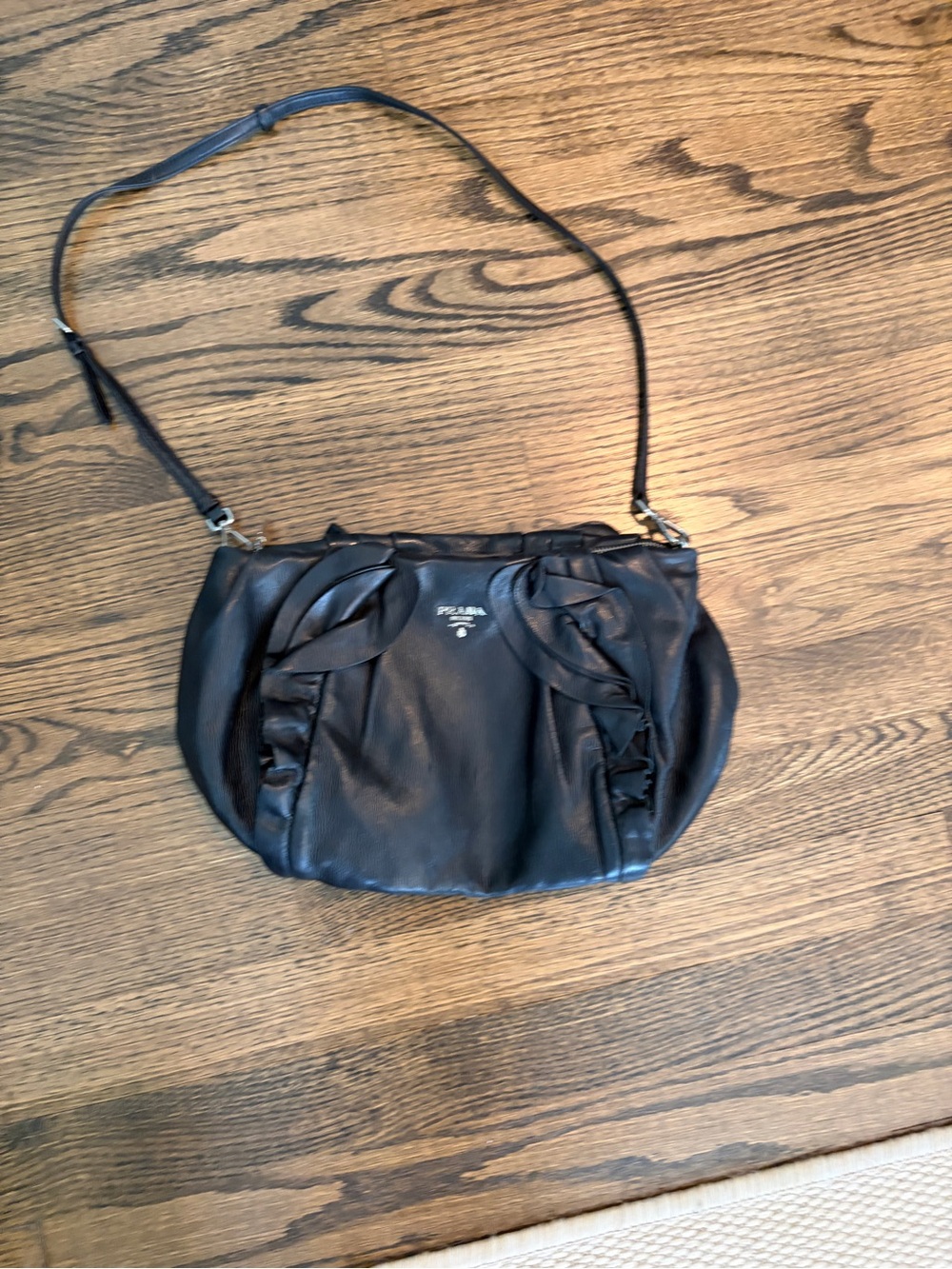 Prada Black Leather Ruffle-Accent Shoulder Bag